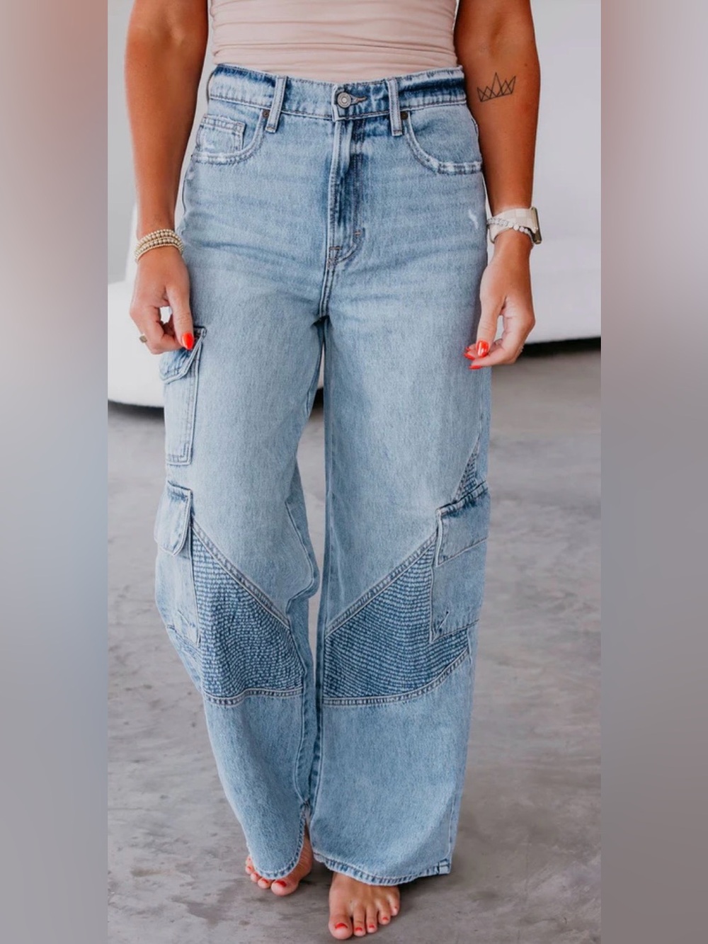 Cierra Hidden Women's Light Blue Wide-Leg Cargo Jeans - High Rise Flare